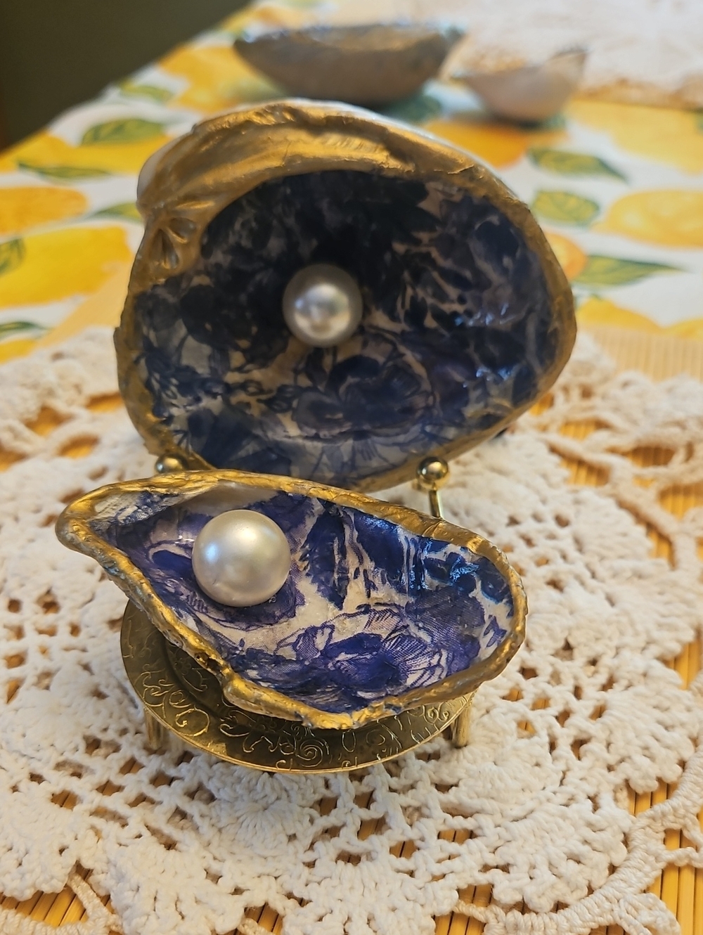 Hand Crafted Gold Trimmed Shell Trinket Dishes Blue Floral and Faux Pearl